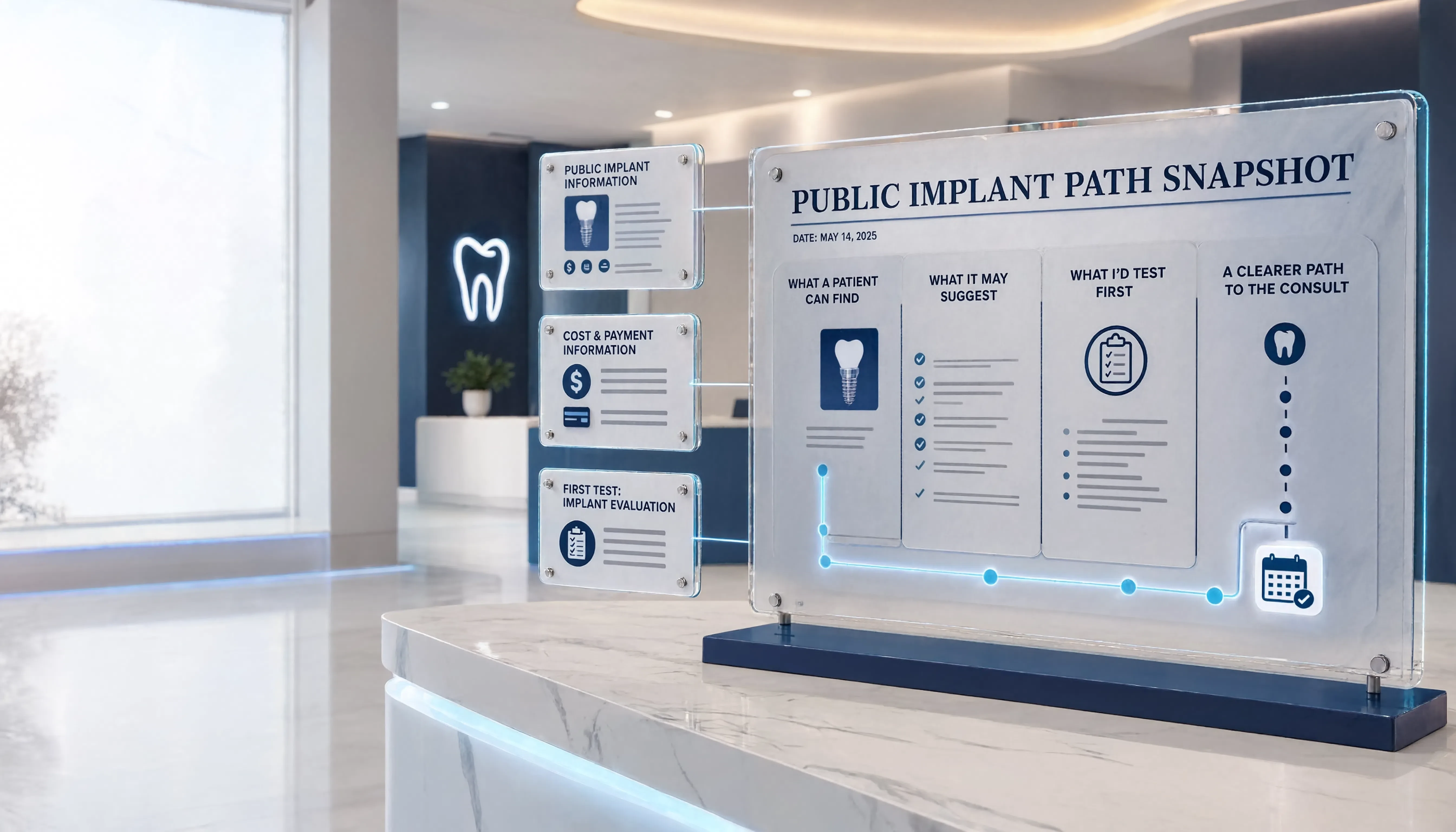 Consultation Lightbox showing Public Implant Information, Cost and Payment Information, and a First Test: Consult Route panel feeding a Public Implant Path Snapshot