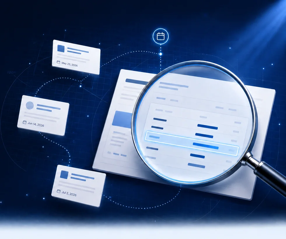 Magnifying lens over a dated snapshot of a dental practice webpage, with evidence cards leading to a booked consult calendar